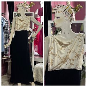 Vintage 90s Formal Maxi Dress Black Ivory Beaded Empire Waist Sleeveless Prom XL